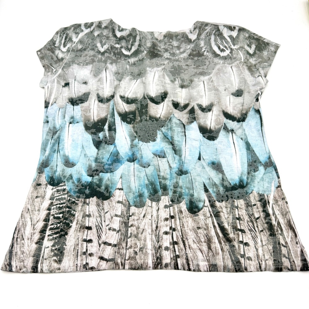 Y2K Bohemian Army Womens XL Feather Print Rhinestone Short Sleeve Top Blue Grey - Picture 8 of 8